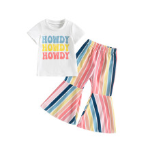 (18-24 Months, White) Seturi de vară pentru fete mici, bluze albe cu mânecă scurtă și imprimeu cu litere + pantaloni evazați cu dungi