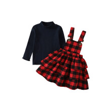(3-4 Years, Red) Conjunto navideño para niñas 1-5 años, camiseta de manga larga con cuello alto + vestido a cuadros.