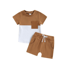 (4-5 Years, Brown) Set de vară pentru băieți, tricou scurt cu culori contrastante + pantaloni scurți cu buzunare