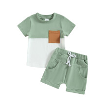 (3-4 Years, Green) Set de vară pentru băieți, tricou scurt cu culori contrastante + pantaloni scurți cu buzunare
