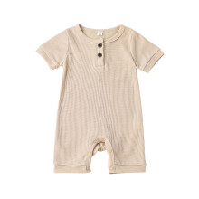 (6-12 Months, Khaki) Bájos baba rövid ujjú romper, kerek nyakú, egyszínű, bordázott, gombos rövidnadrág nyárra és tavaszra.