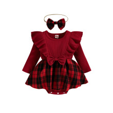 (0-6 Months, Red) Baby-Mädchen-Stramplerkleid, kariert, Rundhalsausschnitt, Rüschen, lange Ärmel, Schleifenrock, passendes Stirnband