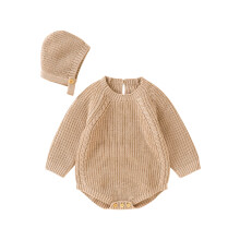 (12-18 Months, Khaki) Strick-Strampler-Set für Babys, langärmelig, Rundhalsausschnitt, einfarbig, mit Mütze für Herbst und Winter