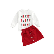 (18-24 Months, Red) Conjunto de otoño para niñas: jersey de manga larga con letras y falda acampanada lisa con botones.