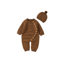 (6-9 Months, Brown) Baby-Strick-Overall-Set, langärmliger Strampler mit Rundhalsausschnitt und Knopfverschluss, inkl. Mütze