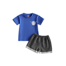 (18-24 Months, Blue) Kinderkleding set jongens: T-shirt korte mouwen met vingerprint + short met elastische tailleband. Zomeroutfit.