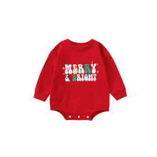 (18-24 Months, Red) Combinaison courte à manches longues et col rond, imprimée de lettres de dessin animé, avec boutons apparents.