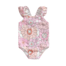 (6-9 Months, Pink) Gyerek lányoknak való fürdőruha, ujjatlan, váll nélküli, virágmintás nyári strandruha