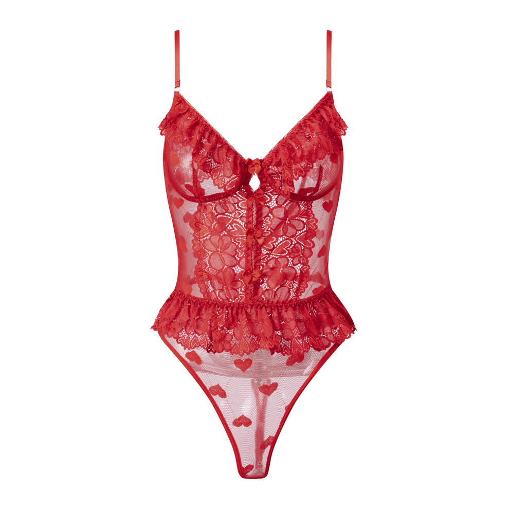 Red (M, ) Womens Lace Lingerie Bodysuit Mesh See Through Ruffled Trim Romper Strapless Babydoll Jumpsuit