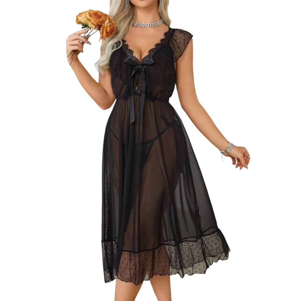 Black (S, ) Women's Mesh Lingerie Set Ruffle Sleeveless Bow Front Babydoll Chemise + G-String Thongs Exotic Nightwear