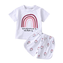 (18-24 Months, White) Schattige babyjongensbroekjes met topje, korte mouwen, ronde hals en regenboogprint, elastische taille voor de zomer.
