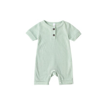 (0-3 Months, Light Green) Bájos baba rövid ujjú romper, kerek nyakú, egyszínű, bordázott, gombos rövidnadrág nyárra és tavaszra.