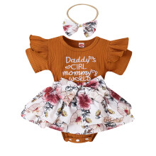 (3-6 Months, Brown) Salopetă de vară pentru bebeluși, cu mânecă scurtă, guler rotund, cu fundă în față, cu fustă tip patchwork