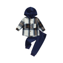 (4-5 Years, Navy Blue) Gyerekfiú őszi ruha szett, kockás mintás hosszú ujjú, gombos kapucnis ing + egyszínű nadrág