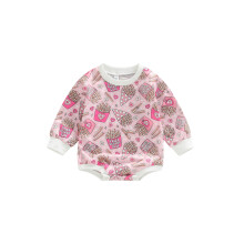 (3-6 Months, Pink) Barboteuse pour bébé fille, manches longues, col rond, imprimé chips, body d'automne décontracté.