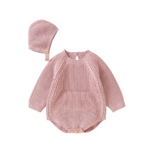 (12-18 Months, Pink) Strick-Strampler-Set für Babys, langärmelig, Rundhalsausschnitt, einfarbig, mit Mütze für Herbst und Winter