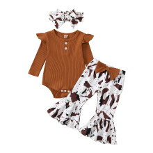 (3-6 Months, Khaki) Mono de otoño para niñas, con cuello redondo, mangas abullonadas y pantalón acampanado de leopardo/vaca.