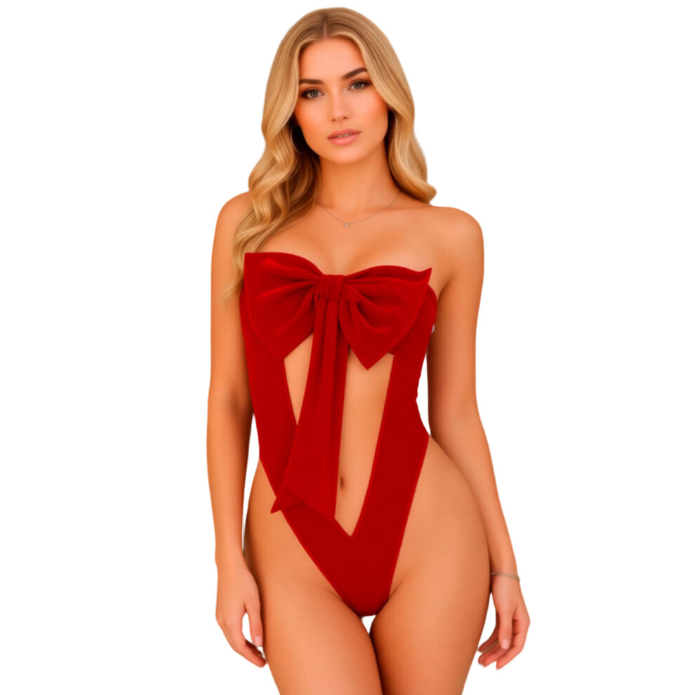 Red (S, ) Women Lingerie Tube Bodysuit Strapless Sleeveless Hollow Out Large Bow Decor Jumpsuit Bodycon Sleepwear