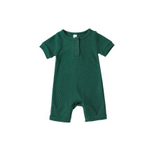 (6-12 Months, Dark Green) Bájos baba rövid ujjú romper, kerek nyakú, egyszínű, bordázott, gombos rövidnadrág nyárra és tavaszra.