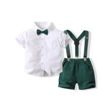 (3-4 Years, White Green) Set 2 piese bărbați: cămașă scurtă și pantaloni scurți bretele pentru băieți.