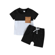 (3-4 Years, Black) Set de vară pentru băieți, tricou scurt cu culori contrastante + pantaloni scurți cu buzunare