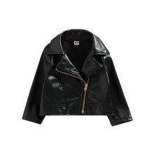 (12-18 Months, Black) Gyerek PU bőrkabát, hosszú ujjú, cipzáras, lehajtható gallérral, fiú-knak és lányoknak