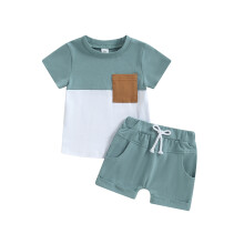 (4-5 Years, Blue) Set de vară pentru băieți, tricou scurt cu culori contrastante + pantaloni scurți cu buzunare