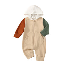 (12-18 Months, Khaki) Combinaison longue bébé fille/garçon, manches longues, col capuche, style décontracté automne-printemps.
