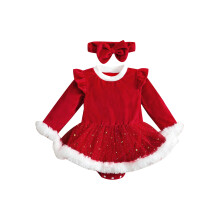 (6-12 Months, Red) 2-teiliges Weihnachtsoutfit für Babymädchen, Plüsch-Strampler mit langen Ärmeln + Haarband, 0-24 Monate