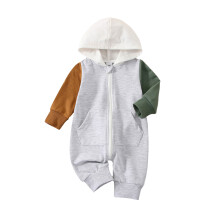 (12-18 Months, Grey) Baby-Strampler für Jungen und Mädchen, langärmelig, Kapuze, farbiger Reißverschluss, Taschen, lässig.