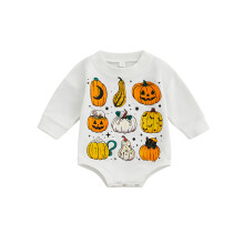 (3-6 Months, White) Baby-Strampler für Jungen und Mädchen, langärmelig, Halloween-Kürbis-Print, lockerer Schritt