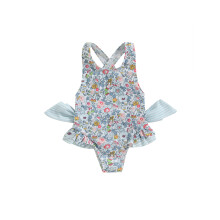 (5-6 Years, Blue) Traje de baño de verano para niñas pequeñas, sin mangas, con espalda cruzada, estampado floral y volantes