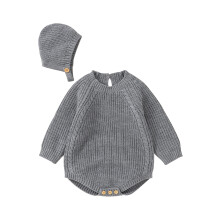 (12-18 Months, Gray) Strick-Strampler-Set für Babys, langärmelig, Rundhalsausschnitt, einfarbig, mit Mütze für Herbst und Winter