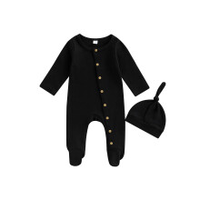 (3-6 Months, Black) Baba fiú lányka overál szett, kerek nyakú, hosszú ujjú, bordázott, lábra átköthető overál + sapka