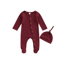 (3-6 Months, Wine Red) Baba fiú lányka overál szett, kerek nyakú, hosszú ujjú, bordázott, lábra átköthető overál + sapka