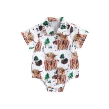 (3-6 Months, White Green Romper) Salopetă bebeluși cu cămașă Western, mânecă scurtă, imprimeu vacă, nasturi, haine nou-născuți