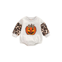 (12-18 Months, Gray Orange Yellow) Combinaison Halloween bébé fille, citrouille et léopard, manches longues, body col rond, printemps/automne