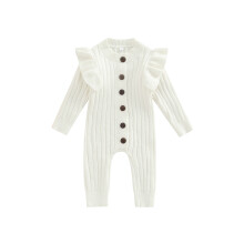 (12-18 Months, White) Kislány kötött hosszú ujjú overál divatos, egyszínű, kerek nyakú, gombos, hosszú romper