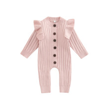 (3-6 Months, Pink) Kislány kötött hosszú ujjú overál divatos, egyszínű, kerek nyakú, gombos, hosszú romper