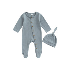 (0-3 Months, Blue Gray) Baba fiú lányka overál szett, kerek nyakú, hosszú ujjú, bordázott, lábra átköthető overál + sapka