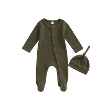 (3-6 Months, Dark Green) Baba fiú lányka overál szett, kerek nyakú, hosszú ujjú, bordázott, lábra átköthető overál + sapka
