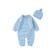 (12-18 Months, Blue) Baby-Strick-Overall-Set, langärmliger Strampler mit Rundhalsausschnitt und Knopfverschluss, inkl. Mütze