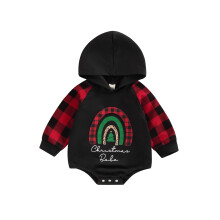 (12-18 Months, Black Red) Weihnachtsstrampler für Babys, langärmelig, Kapuze, kariert, Buchstabenprint, Alltag