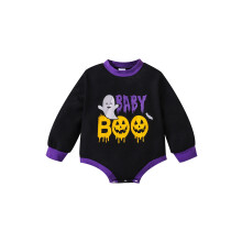 (6-12 Months, Black) Combinaison bébé Halloween ghost/château imprimé, lettres contrastées, manches longues, col rond, bouton-pression.