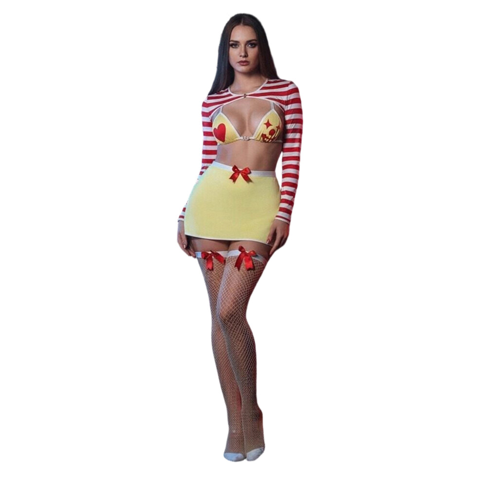 (M, Yellow) Women's Erotic Naughty Lingerie Set Long Sleeve Shrug and Bra Mini Skirt Thigh High Socks Leg Rings Clown Cosplay Costume