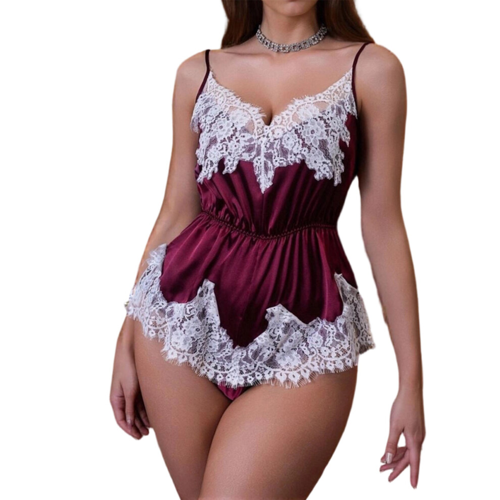 Red (M, ) Women's Lace Lingerie Bodysuit Cute Sleeveless Spaghetti Strap V Neck Ruffle Naughty Babydoll Jumpsuit