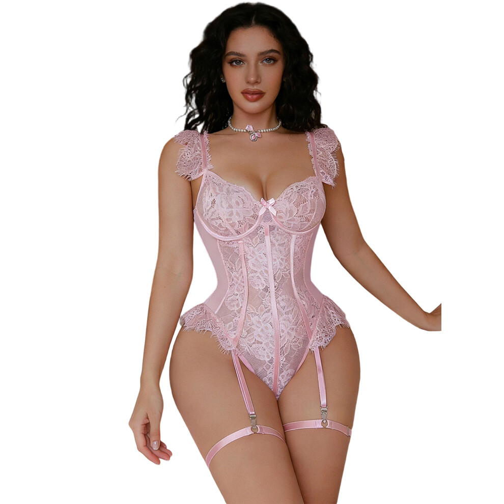 Pink (L, ) Womens Lingerie Bodysuit Erotic Babydoll Backless Sheer Jumpsuit Seductive Sleepwear With Leg Rings