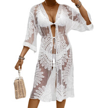 (One Size, White) Kimono de plage en dentelle transparente brodée de fleurs, idéal pour la plage et les maillots de bain d'été.