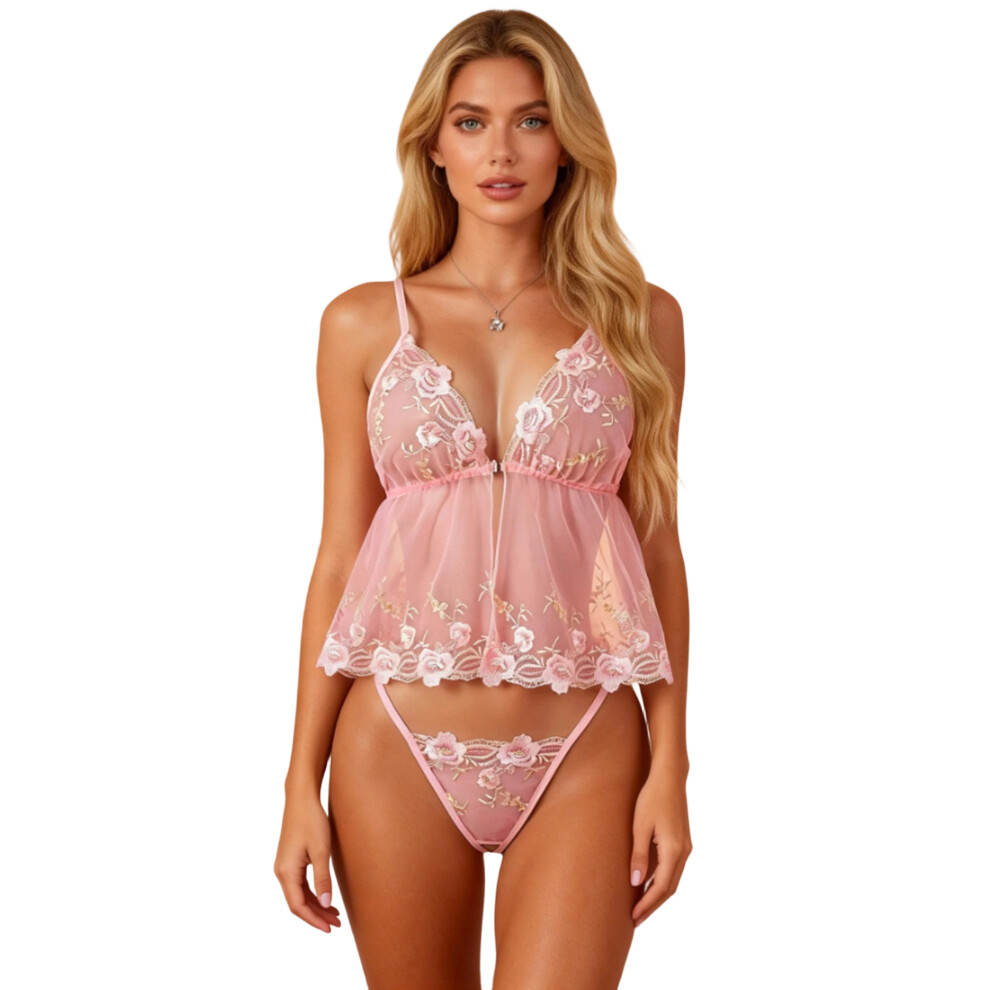 Pink (S, ) Women Babydoll Lace Lingerie Set Floral Embroidery Sheer V-Neck Camisole And Thong Set For Naughty Sleepwear