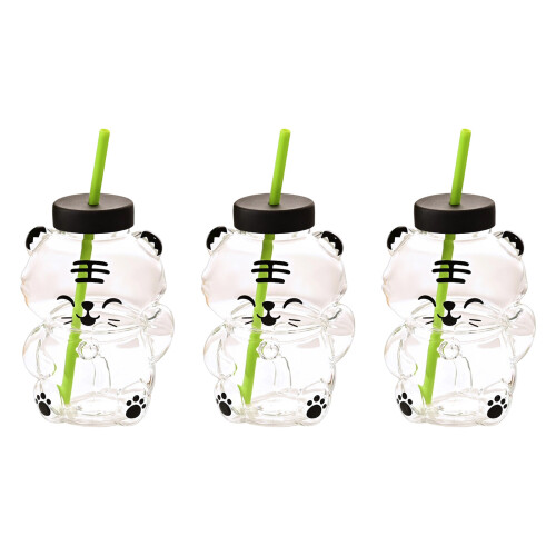 User Friendly Bear Shape Glass Cup With Straw Leak Proof- 2 3